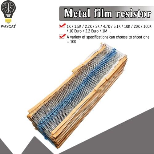 100pcs 1/4W 1R~22M 1% Metal film resistor 100R 220R 1K 1.5K 2.2K 4.7K 10K 22K 47K 100K 100 220 1K5 2K2 4K7 ohm resistance
