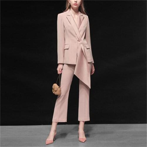 Fashion pants suit female spring New high-end British wind Pink Long Sleeve Lace Up casual Business two-piece OL suit women