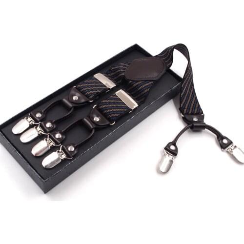 Mans Suspenders Black leather New6 Clips Braces Male Vintage Casual Suspensorio Trousers Strap Father/Husbands Gift 3.5*120cm