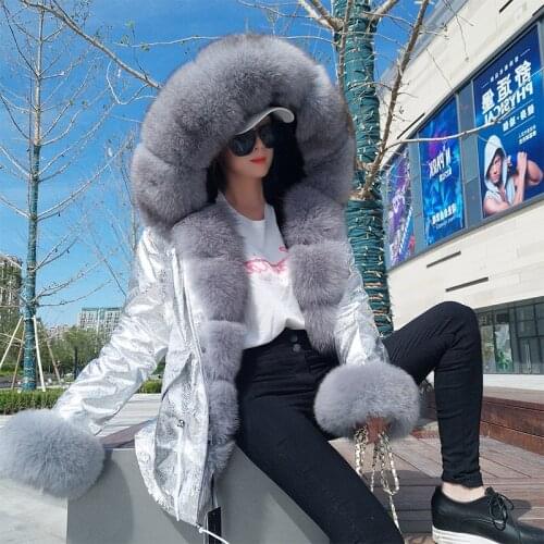 Natural fox Raccoon fur collar Short jacket coat winter female fashion faux fur lined coat Womens jacket woman jacket Short 7XL