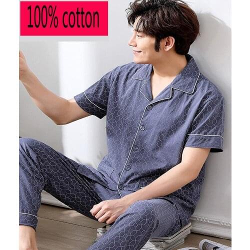 New Arrival Fashion Large Men Summer 100% Cotton Short Sleeve Long Pants Thin Clothes Set Print Pajamas Plus Size MLXL2XL3XL4XL