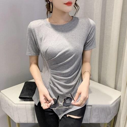 2021 Solid Basic short Sleeve Womens Tshirt Casual Folds Diamond Fashion Crop Top T Shirt Ladies Fashion Korean Tee Shirt