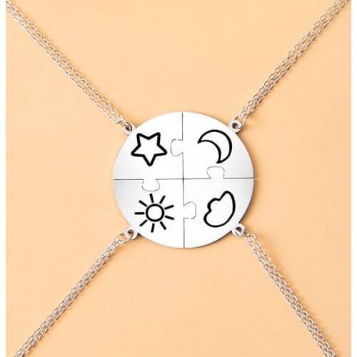4 Pcs/Set Stainless Steel Round Jigsaw Puzzle Pendant Necklace Engraved Sun Moon Star Cloud BFF Sisters Brothers Jewelry