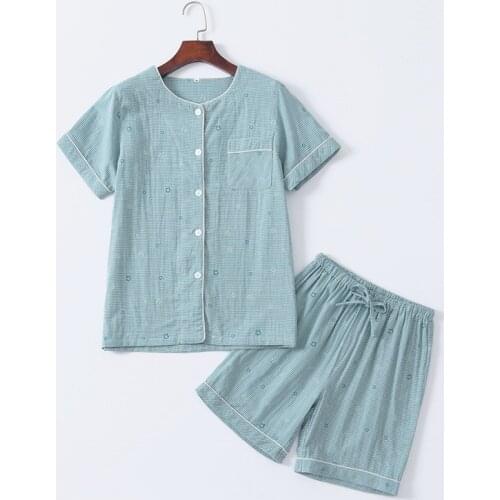 Casual Cardigan + Shorts Two Piece Set New 100% Cotton Womens Pajamas Elegant Plaid Sleepwear Home Suit 2021 Pyjama Femme