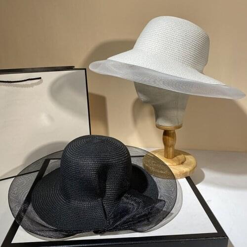 Elegant Lace Mesh Wide Brim Paper Straw Hat For Women Handmade Female Summer Beach Sun Hat Church Wedding Top Hat Fedora