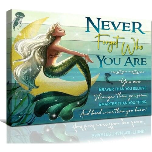 Modern Artwork Decorative Pictures Braver Than You Believe Smarter Than You Think Prints Rustic Blue Mermaid Wall art Canvas