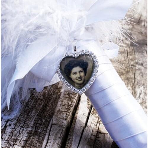 Wedding Bouquet Charm Rhinestone, Personalized Bridal Photo Pendant heart ,Memorial Bouquet Photo Jewelry, Gift for bride idea