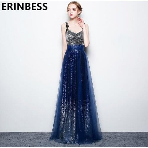 Navy Blue Sequined Evening Dresses Bling Vestido De Festa Sweeteheart Neck Beaded Appliques Long Floor Length Party Gowns