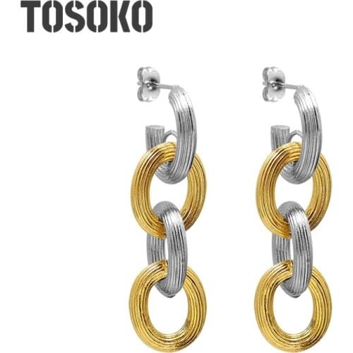 TOSOKO Stainless Steel Jewelry Embossed Ring Link Earrings Womens Rough And Exaggerated Earrings BSF443