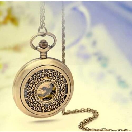 Vintage Bronze antiques Gold surface broken flower Hollow out Fashion quartz Necklace pocket watches gift