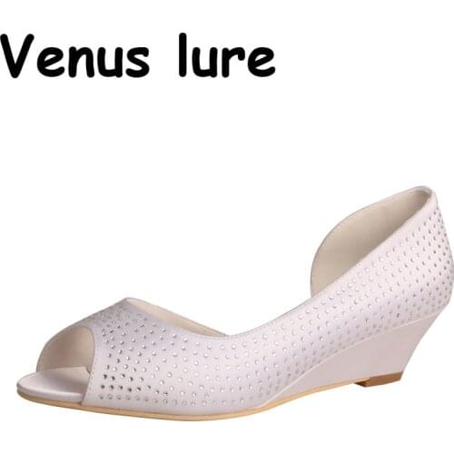 23 Colors Dropshipping Rhinestone White Peep Toe Wedge Pumps Size 7