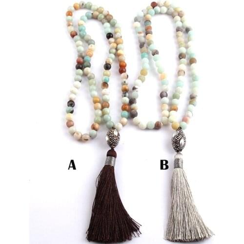 Free Shipping Amazonite Stones Bohemian Tribal Jewelry Oval Pearl Crystal Ball & Tassel Necklace For Women Lariat Necklaces