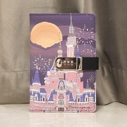 Castle Under Fireworks Password A5 Notebook with Lock Creative Retro PU Planner Personal Diary School Supplie Student Girl Gift