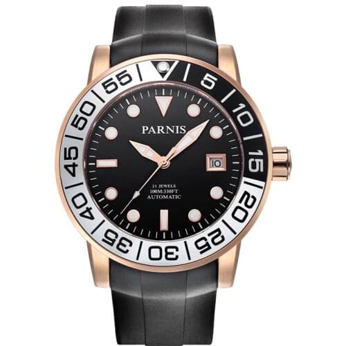 Parnis Sailer Seriers Mens Silicone Watchband Sport Fashion Automatic Auto-Wind Mechanical Watch Wristwatch