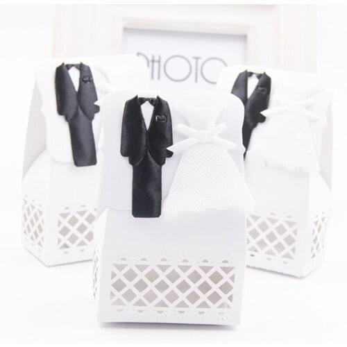 European White Wedding Favor Bride Groom Dress Shape Laser Hollow Out Candy Box Gift Chocolate Packaging Party Decor Supplies