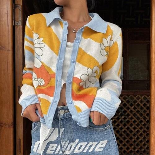 Foridol Floral Print Knitted Vintage Short Cardigan Women Autumn Winter Harajuku Sweater Button Up Cardigan Sueter Mujer