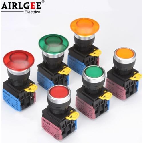 LA38 power button switch instantaneous self-reset self-locking 24 220v start jog 22mm control round flat button with light