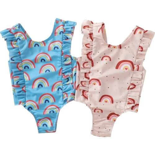 0-3Y Toddler Kids Baby Girls Swimsuits 2021 Summer Ruffle Rainbow Print Bikini Children Swimwear Backless Girls Beachwear