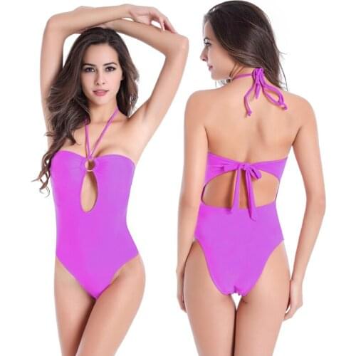 Hot Wholesale Ringed Center Swimsuit Hollow Back Bathing Suits Large Female Big Women High Cut Plus Size One Piece Fat Swimwear