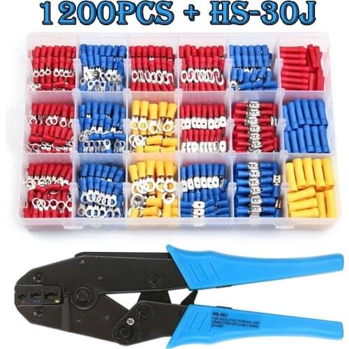 1200PCS Assorted Spade Terminals Insulated Cable Connector Electrical Wire Crimp Butt Ring Fork Set Ring Lugs Rolled Kit +Plier
