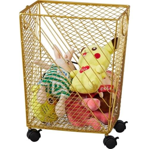 Nordic Metal Golden Dirty Clothes Storage Handle Wheel Square Laundry Basket Home Creative Organizer With Wheel