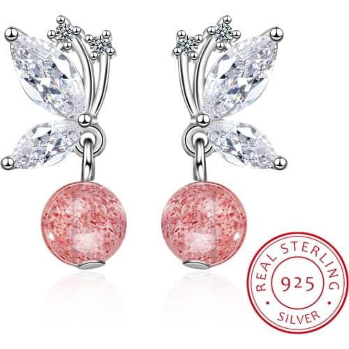Sweet 925 Sterling Silver Earrings For Women Nnatural Strawberry Crystal Butterfly Earrings Prevent Allergy S-E922