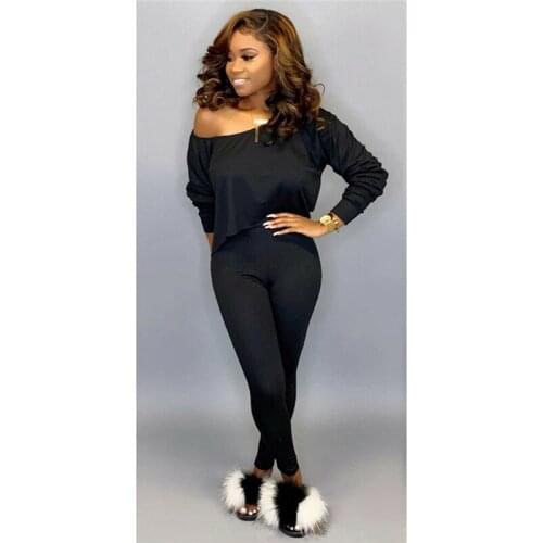 Fashion Casual Solid Slim Women 2Piece Outfits Long Sleeve Off Shoulder Crop Top Pants Set Casual Jumpsuit