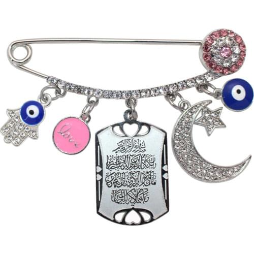 Muslim Persian Crescent Moon Star Quran Vanyakad Turkish evil eye hamsa hand of fatima Stainless Steel Pin brooch Baby Pin