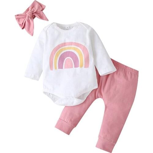 2021 New Newborn Spring Autumn Girls Set Fashion Harem Trousers Rainbow Print Long-Sleeved Bow Headdress Girls Baby Suits