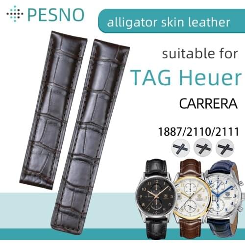 PESNO Suitable for TAG Heuer CARRERA 1887/2110/2111 Genuine Crocodile Leather Wrist Watch Straps Men Thickness Watch Band
