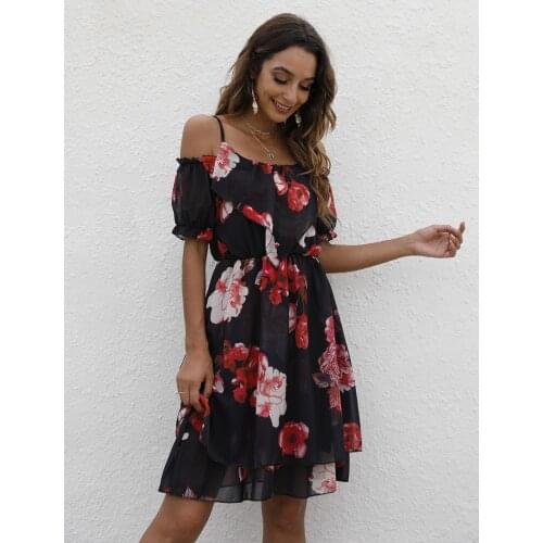 Women Summer Print A-Line Dresses Robe Femme Patchwork Sling Short Sleeve Elastic Waist Chiffon Dress For Woman Vestido De Mujer
