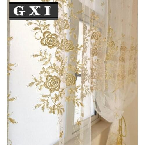 Embroidered Gold Floral Tulle Curtains For Bedroom Living Room Kitchen Sheer Window Treatment Voile Curtains Drapes