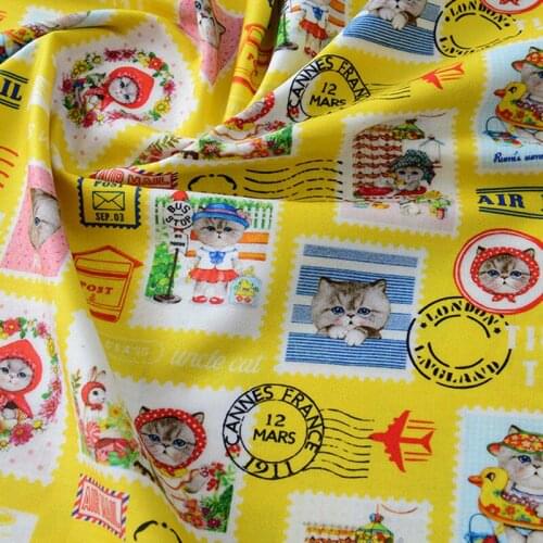 Cartoon Cat Air Mail Post Yellow 100% Cotton Fabric for Girl Clothes Hometextile Cushion Cover Backpack Needlework Material DIY