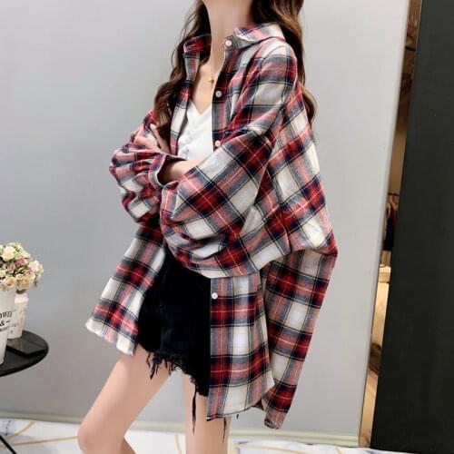 Women Blouse Plaid Shirt Womens Autumn Winter Shirt Baggy Coat Womens Blusas Mujer De Moda