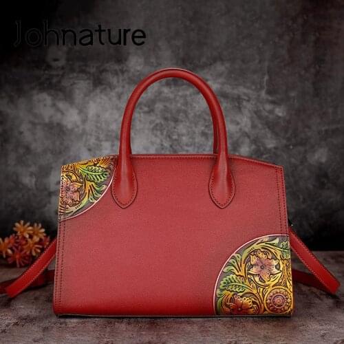 Johnature 2021 New Retro Large Capacity Women Bag Versatile Embossed Luxury Leather Handbag Elegant Ladies Shoulder Bags