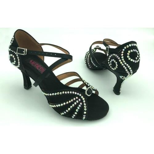 Womens latin dance shoes ballroom salsa dancing shoes tango shoes 6218BLK-Rh with Rhinestones