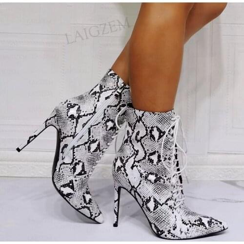 SEIIHEM Snake Print Women Ankle Boots Zip Up Pointed Toe Thin Heels Booties Faux Leather Ladies Shoes Woman Plus Size 40 42 47