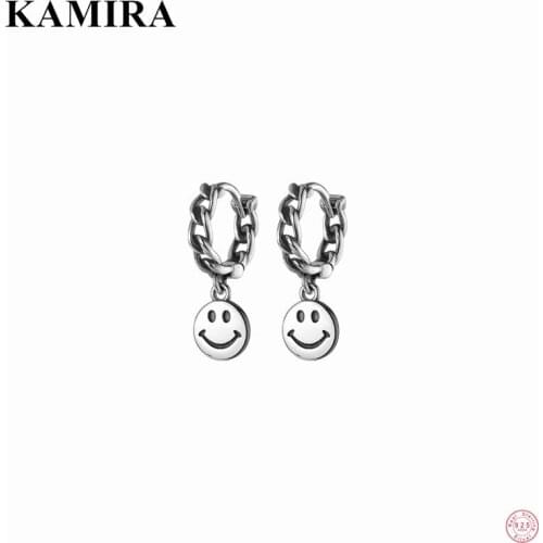 KAMIRA 925 Sterling Silver Punk Goth Smiley Link Chain Twist Stud Earrings for Women Teen Party Hoop Pendant Jewelry Gift серьги
