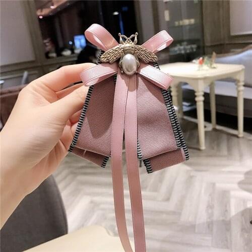 Fashion New Womens Jewelry Gift Pearl Bee Bow Tie Pink Long Streamer Neck Flower Korean Brooch Bowtie Classic Shirt Accessories