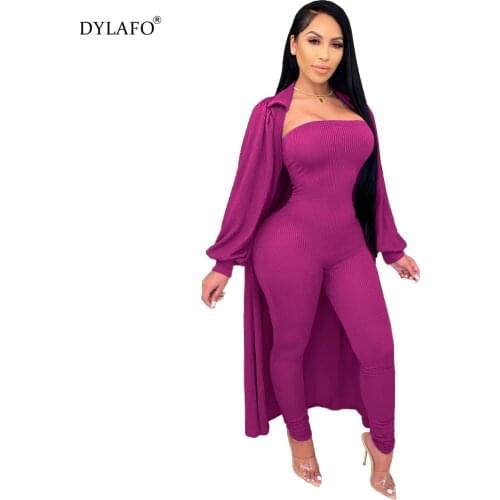 2 piece set Women Fine pit strip fabric Long Sleeve Cardigan Coat Skinny Jumpsuit Rompers 2 Piece Set For Female Womens Suits