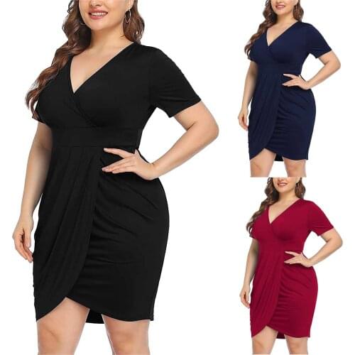 Plus Size Women Slim Oversized Dresses V-neck Short Sleeve Dress Summer Female Fashion Solid Color Hip Dress Vestidos Mujer