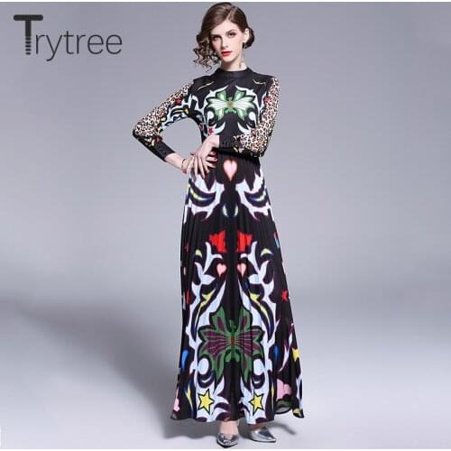 Trytree Summer Autumn Dress High street women Print Polyester dresses Ankle-Length A-Line Office Lady Silky t-shirt Dresses
