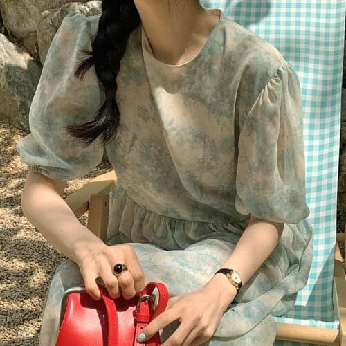 2021 New Women Summer Green Long Chiffon Dress High Waist Ink and Wash Painting A-line Pullover Sundress