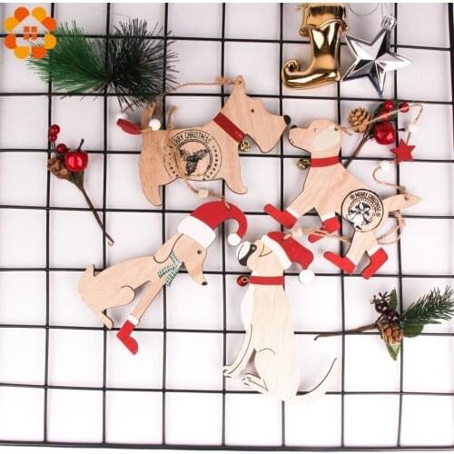 1PC Wooden Christmas Dog Cute Hanging Hat Dog Pendants Xmas Tree Ornaments Kids Gift DIY Wood Crafts Christmas Party Decoration