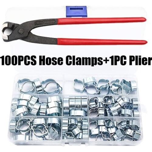 100PCS 5-20mm Hose Clamp Double Ears Clamp Worm Drive Fuel Water Hose Pipe Clamps Clips+1PC Plier