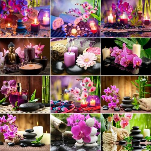 AZQSD Diamond Painting Orchid Stone Candle Flower Mosaic Picture Of Rhinestones Diamond Art Full Square Drill Decor For Home