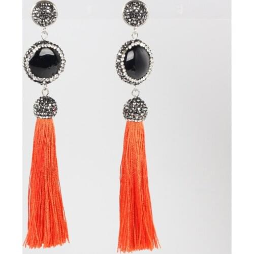 Bohemian Boho Cinnamon Pink Silk Fabric Thread Tassel With Black Onyx White Connector Studs Drop Dangle Tassel Earring For Women