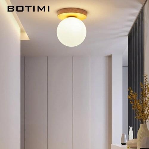BOTIMI 110V 220V Round Glass Lampshade Ceiling Lamp Corridor Aisle Lights Wooden Living Room Surface Mounted Bedroom Luminaire