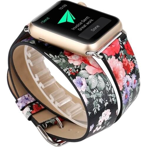 Flower Print Genuine Leather Bracelet Watch Band for Apple Watch Double Tour 40mm/44mm/38/42MM iWatch Series 5 4/2/3 1 Wristband