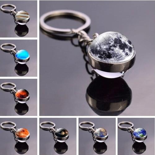 Full Moon Sphere Crystal Ball Glass Keychain Handmade Double Side Glass Ball Pendant Solar System Galaxy Astronomy Jewelry